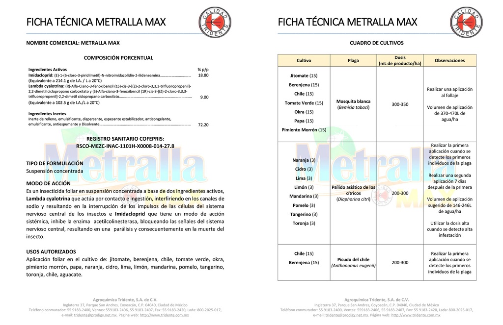 METRALLA MAX (IMIDACLOPRID+LAMBDA CYALOTRINA) - 250ML