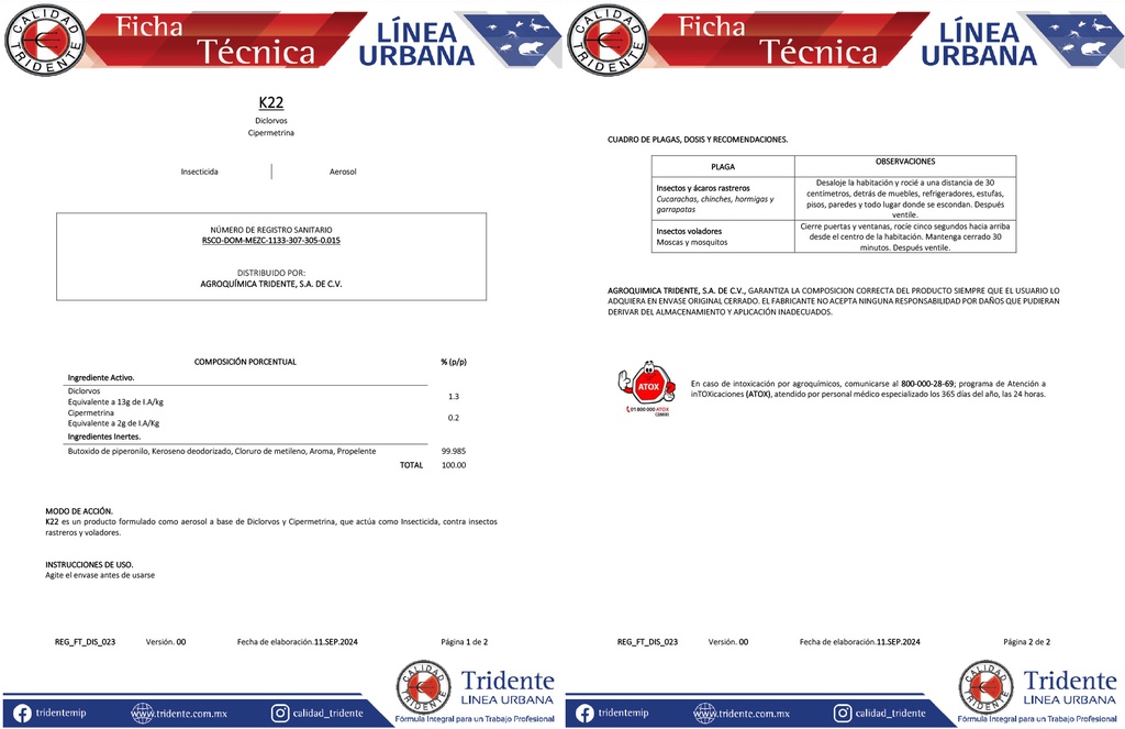 INSECTICIDA EN AEROSOL K22 URBANO (DICLORVOS, CIPERMETRINA) - 500 ML