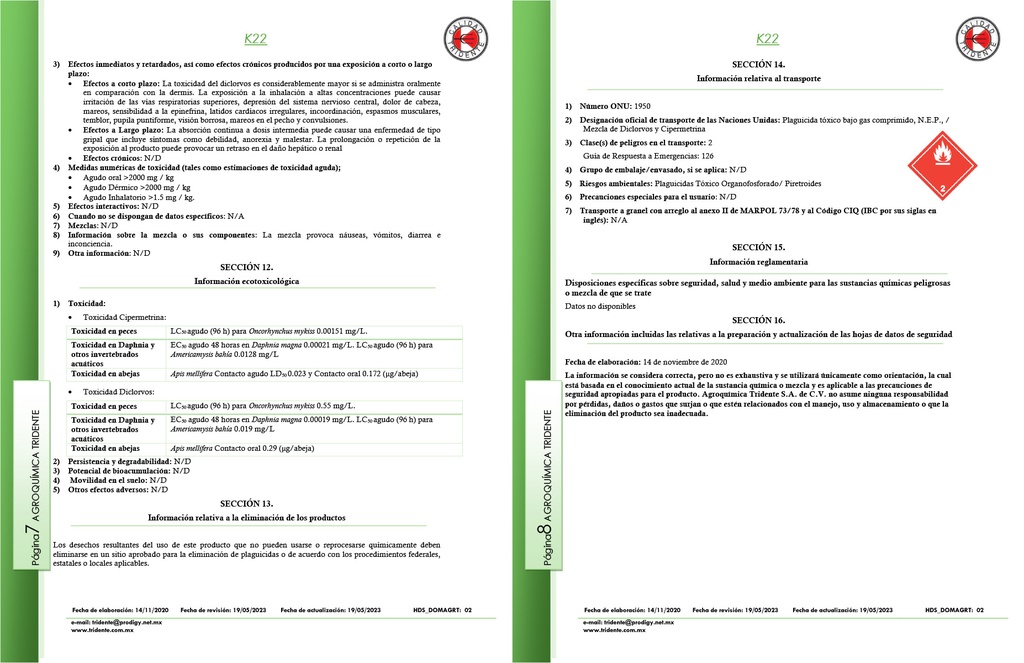 INSECTICIDA EN AEROSOL K22 URBANO (DICLORVOS, CIPERMETRINA) - 500 ML