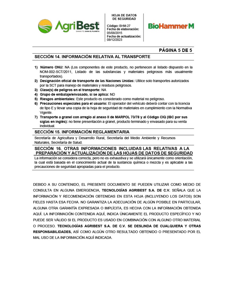BIOHAMMER M - BOTELLA 1L
