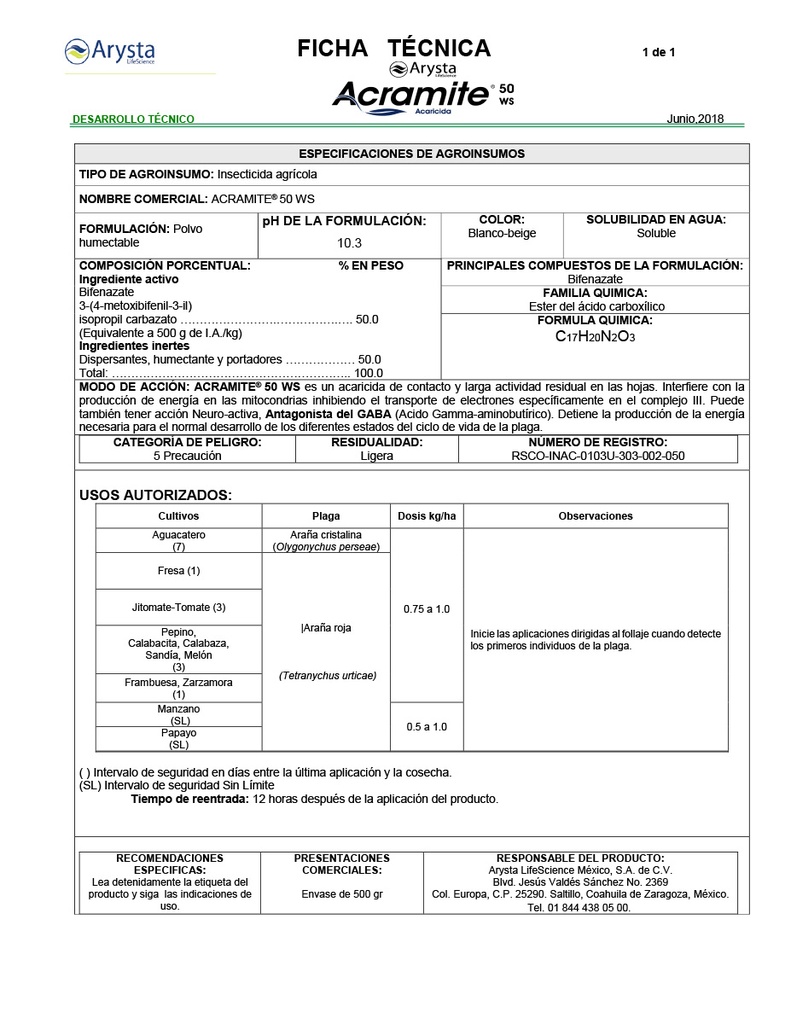 ACRAMITE 50 (BIFENAZATO) - BOLSA 500 GR