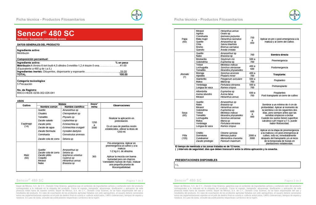 SENCOR 480 SC (METRIBUZIN) - BOTELLA 1L