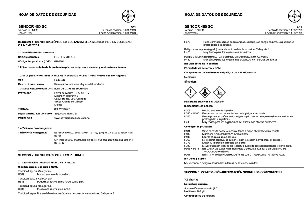 SENCOR 480 SC (METRIBUZIN) - BOTELLA 1L