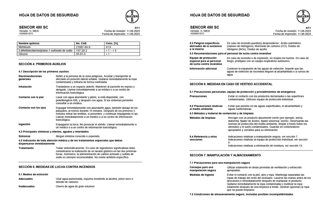 SENCOR 480 SC (METRIBUZIN) - BOTELLA 1L