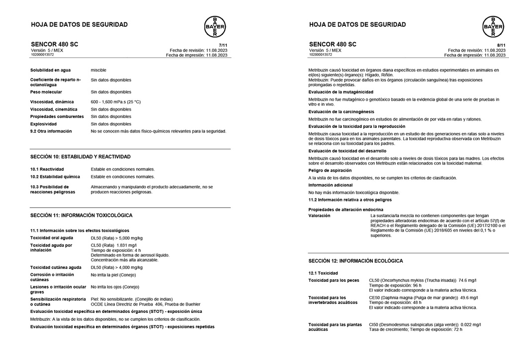 SENCOR 480 SC (METRIBUZIN) - BOTELLA 1L