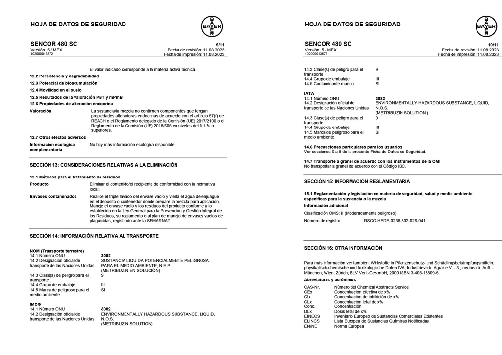 SENCOR 480 SC (METRIBUZIN) - BOTELLA 1L