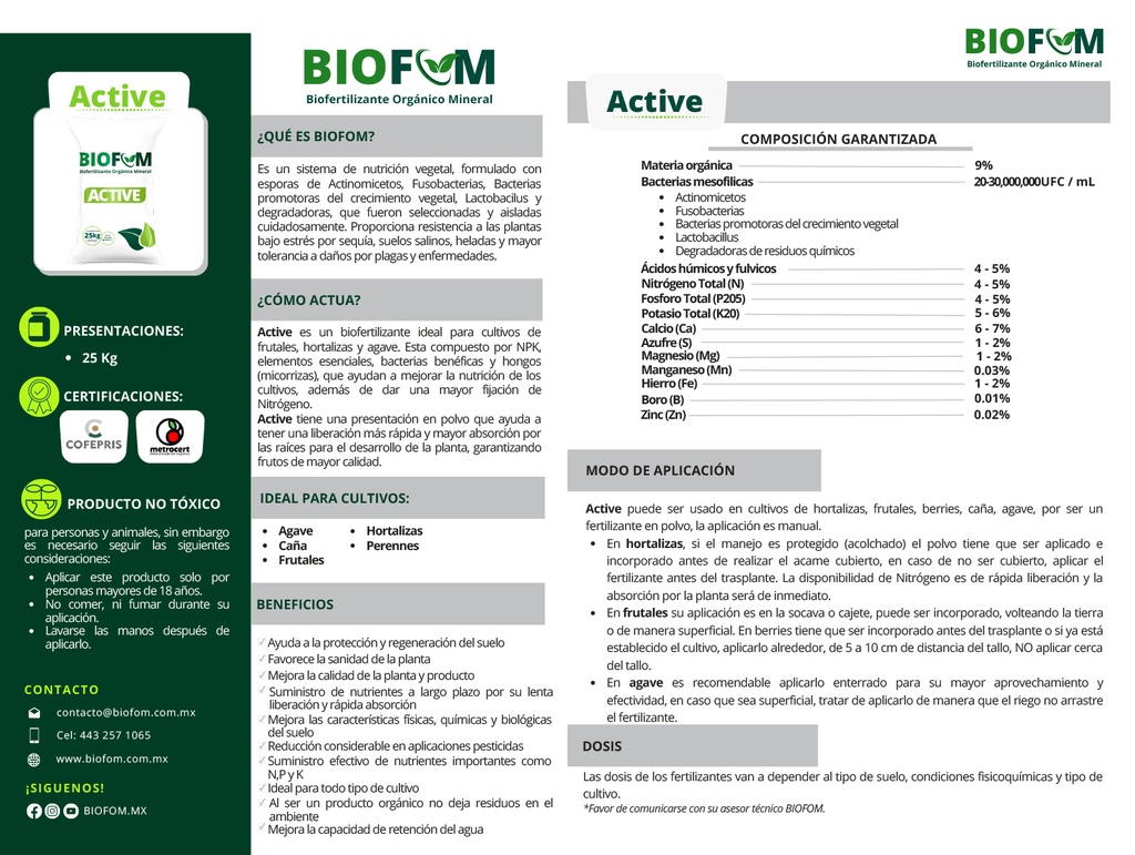 BIOFOM ACTIVE HORTALIZAS (POLVO) - SACO 50KG