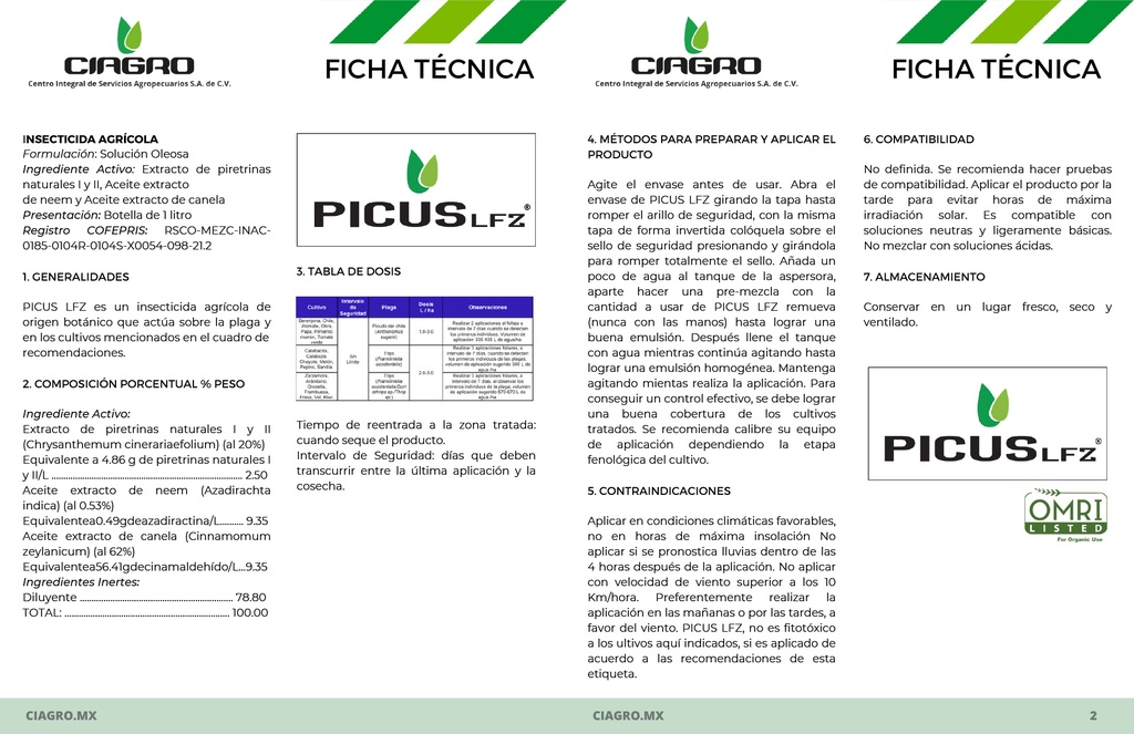 PICUS LFZ (EXTRACTO PIRETRINAS, NEEM Y CANELA) - 1L