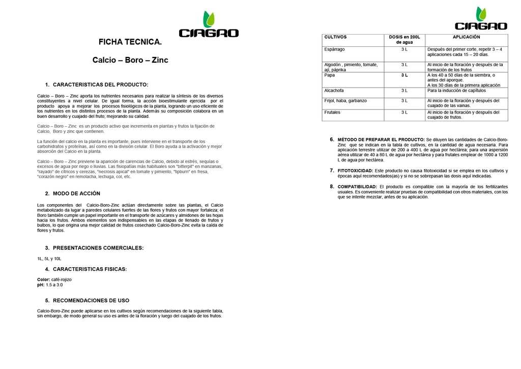 CA-BO CIAGRO (CALCIO+BORO+ZN) - 1L