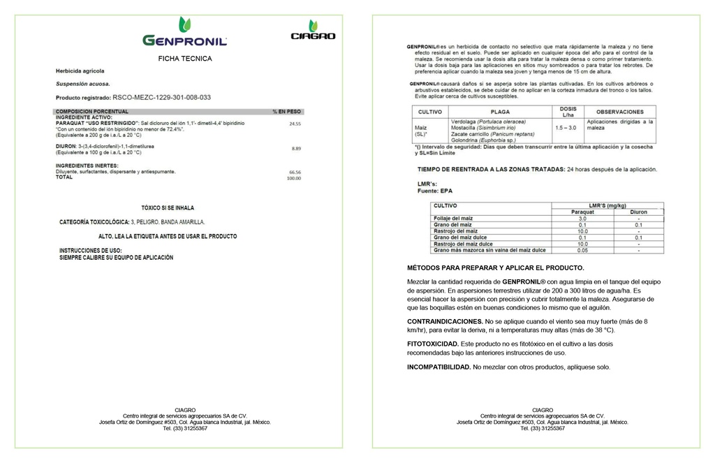GENPRONIL (PARAQUAT+DIURON) - BOTELLA 900 ML