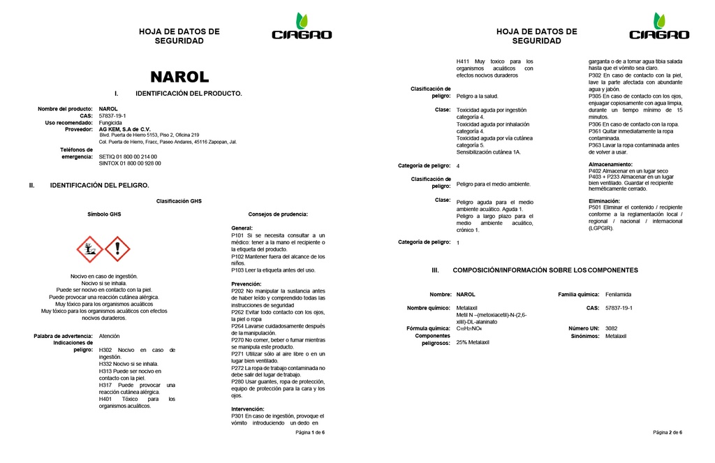 NAROL 240 CE (METALAXIL) - BOTELLA 1L