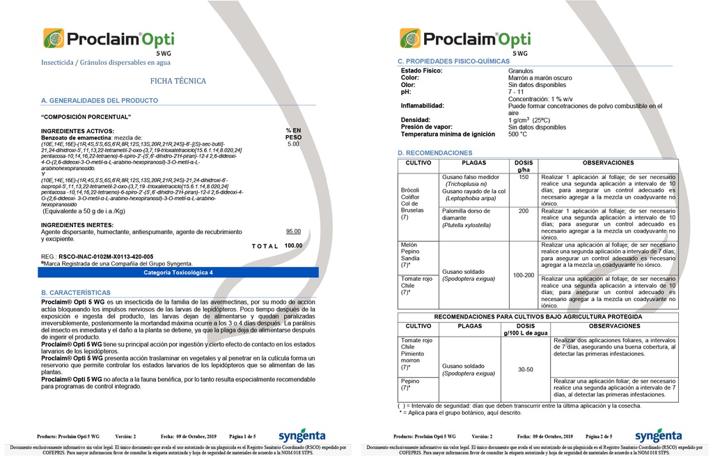 PROCLAIM OPTI 5 WG (EMAMECTINA BENZOATO) - FRASCO 600GR