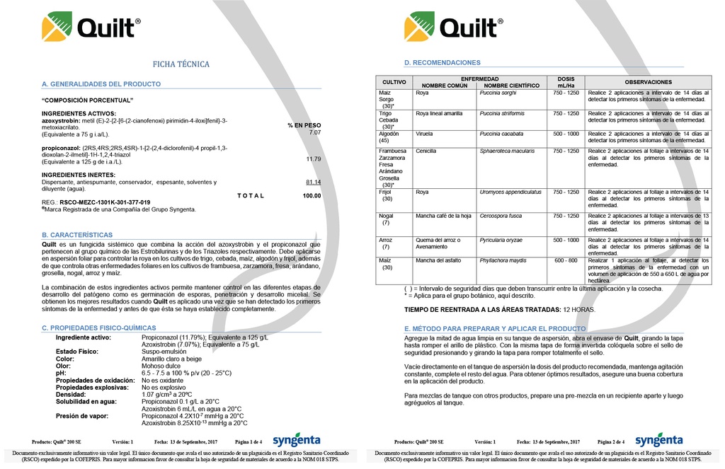 QUILT (AZOXYSTROBIN+PROPICONAZOL) - BOTELLA 800ML