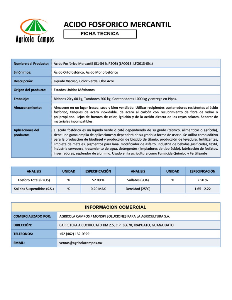 ACIDO FOSFORICO - AGGFOS ÁMBAR 85% - GRANEL