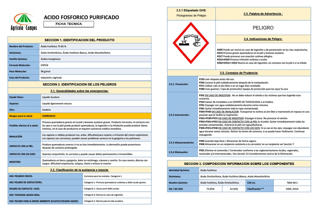ACIDO FOSFORICO PURIFICADO AL 85% - 20L