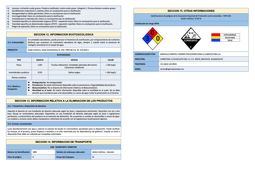 ACIDO FOSFORICO PURIFICADO AL 85% - 20L