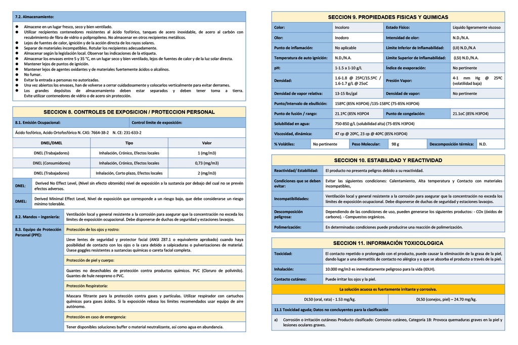ACIDO FOSFORICO PURIFICADO AL 85% - GRANEL