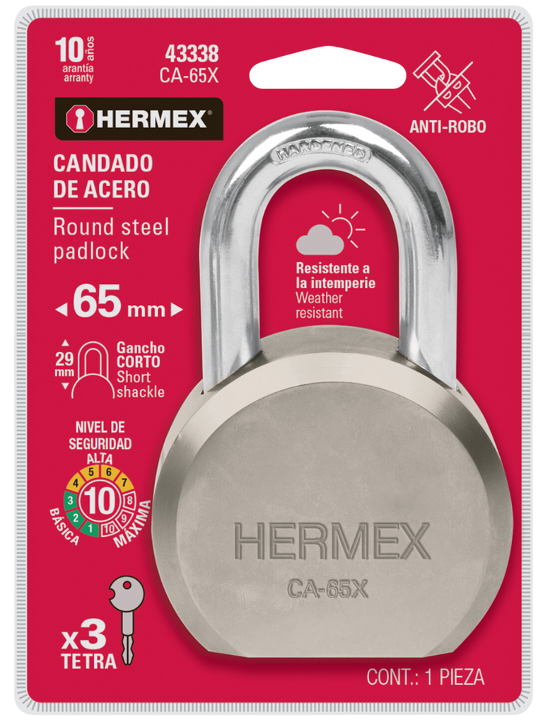 CANDADO DE ACERO, REDONDO, MAXIMA SEGURIDAD, HERMEX