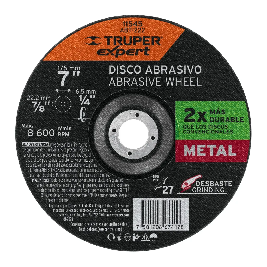DISCO ABRASIVO PARA DESBASTE DE METAL DE 7", ALTA DURABILIDAD