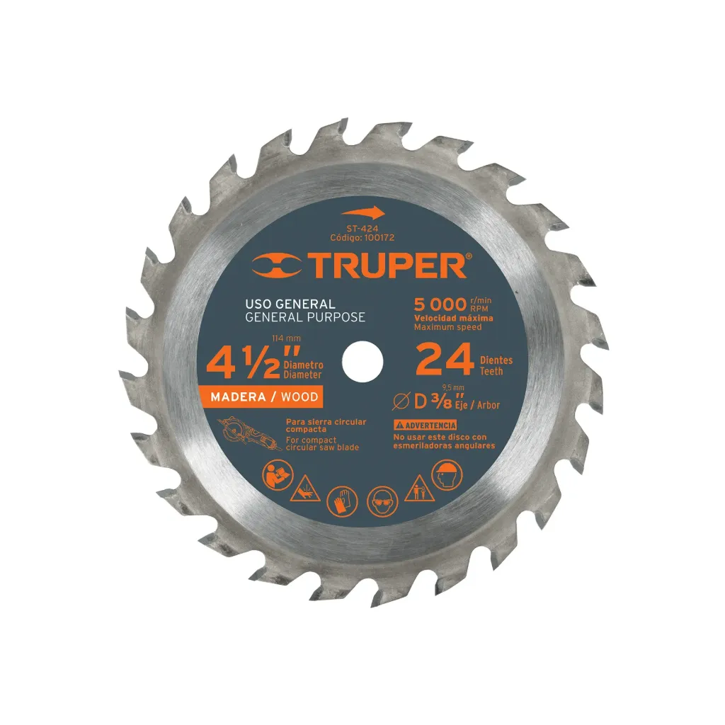 DISCO SIERRA 4 1/2" PARA MADERA, 24 DIENTES CENTRO 3/8"