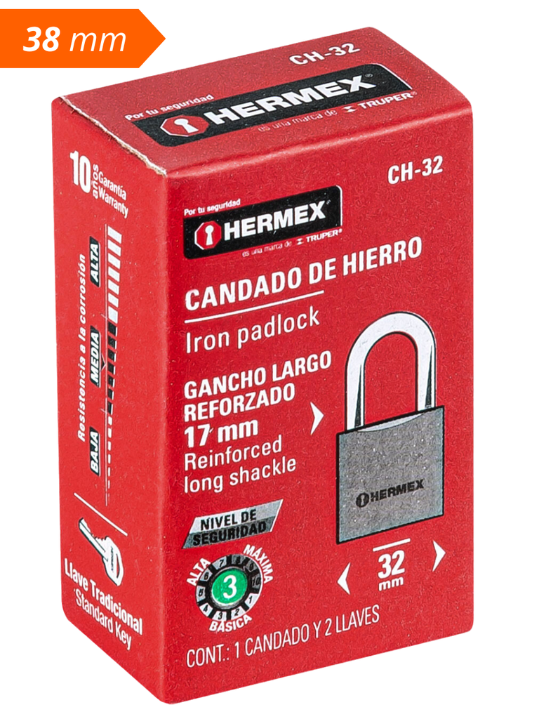 CANDADO DE HIERRO 38 MM GANCHO CORTO CON 2 LLAVES EN CAJA