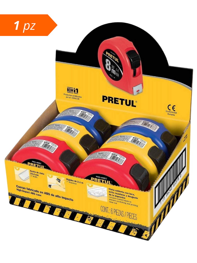 FLEXÓMETRO 8M CINTA 25 MM EN DISPLAY BOX, PRETUL