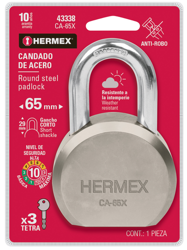 [TRU 43338] CANDADO DE ACERO, REDONDO, MAXIMA SEGURIDAD, HERMEX