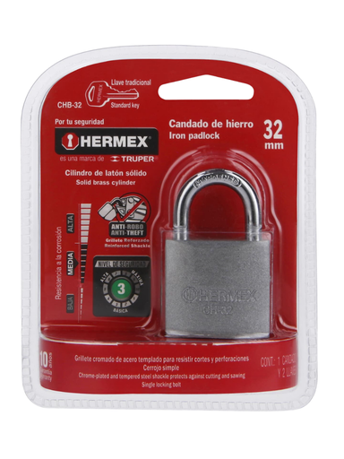 [TRU 43792] CANDADO DE HIERRO 32 MM GANCHO CORTO CON 2 LLAVES EN BLÍSTER