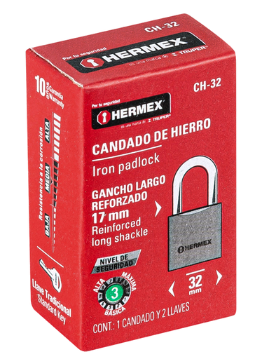 [TRU 43791] CANDADO DE HIERRO 32 MM GANCHO CORTO CON 2 LLAVES EN CAJA