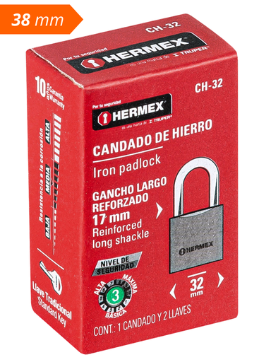 [TRU 43315] CANDADO DE HIERRO 38 MM GANCHO CORTO CON 2 LLAVES EN CAJA